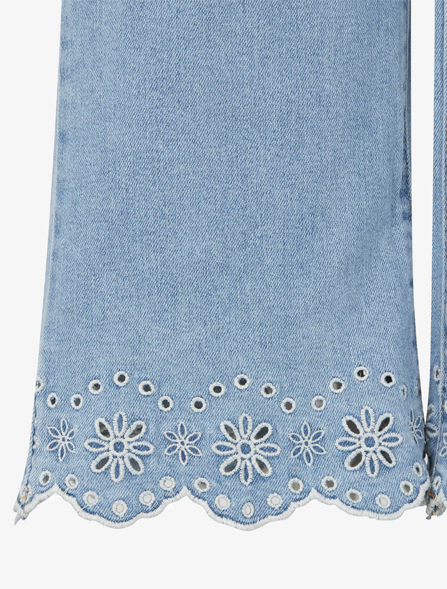 Jean wide leg à motif fleurs ajourés - Bleu - Image 3