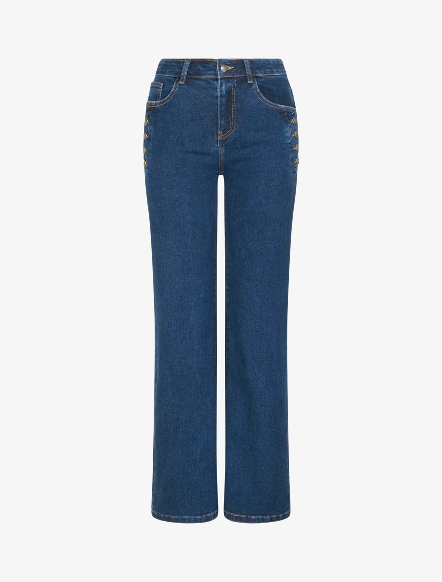 Jean wide leg à poches ornées de boutons - Denim