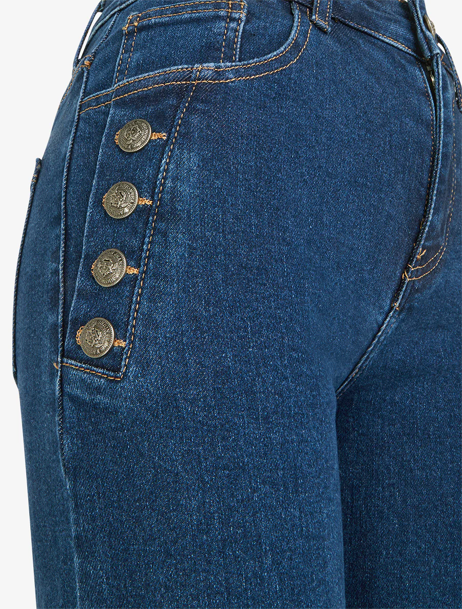 Jean wide leg à poches ornées de boutons - Denim - Image 3
