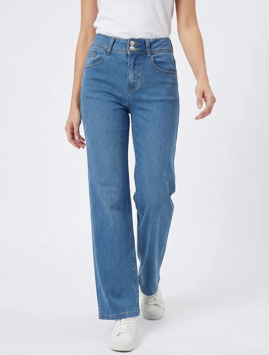 Jean wide leg à taille haute coupe droite - Bleu - Image 4