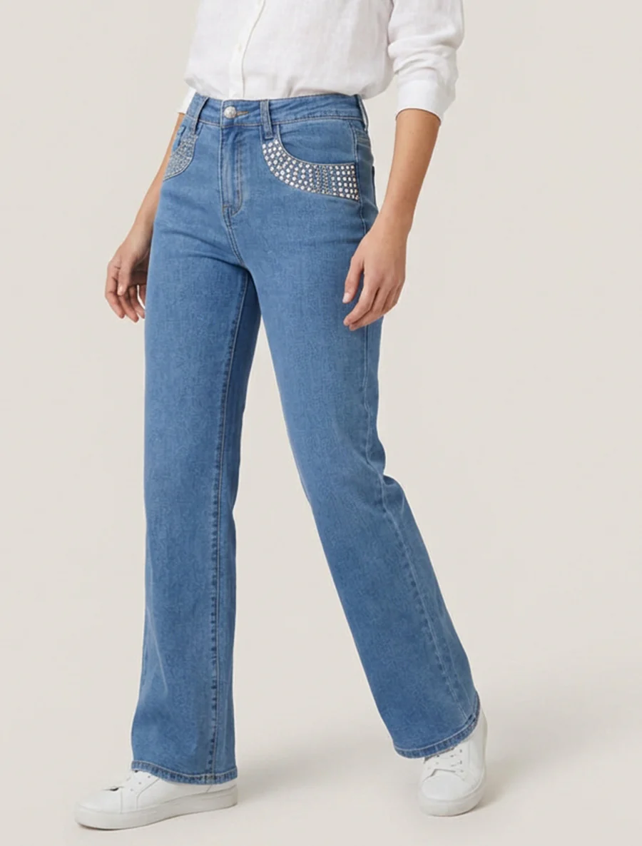 Jean wide leg clouté coupe droite - Bleu - Image 4