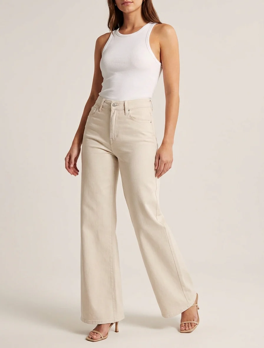 Jean wide leg coupe droite - Beige - Image 4