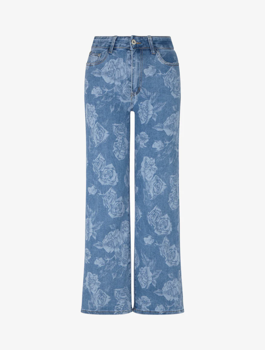 Jean wide leg imprimé roses coupe droite - Bleu