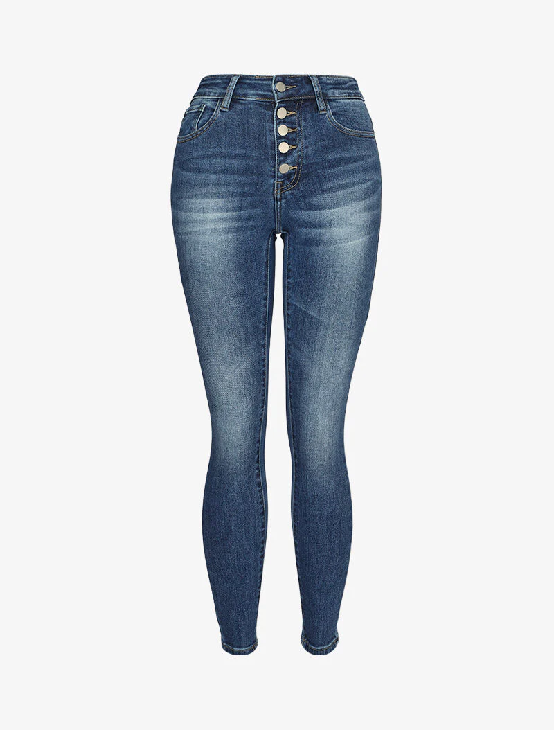 Jeans skinny délavé à fermeture boutonnée - Bleu denim