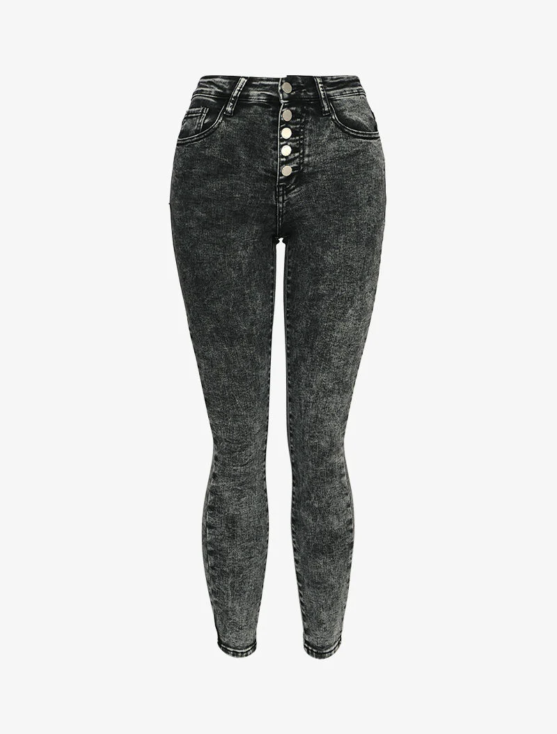 Jeans skinny délavé à fermeture boutonnée - Gris foncé