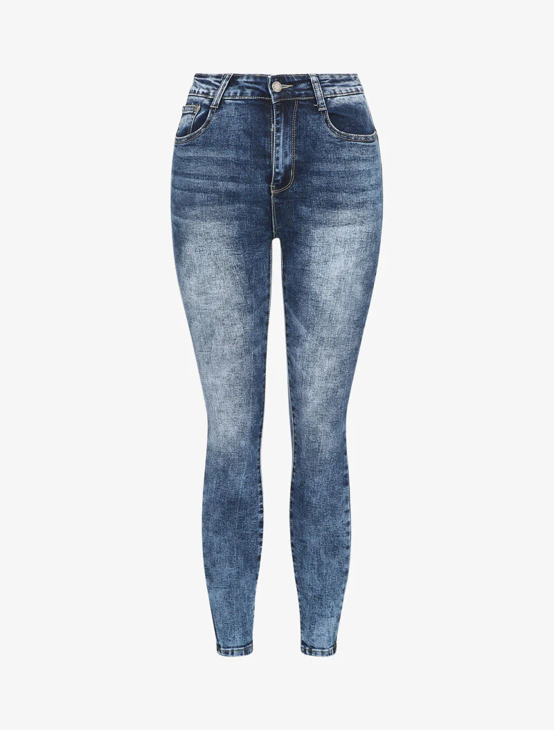 Jeans slim délavé à taille haute - Bleu