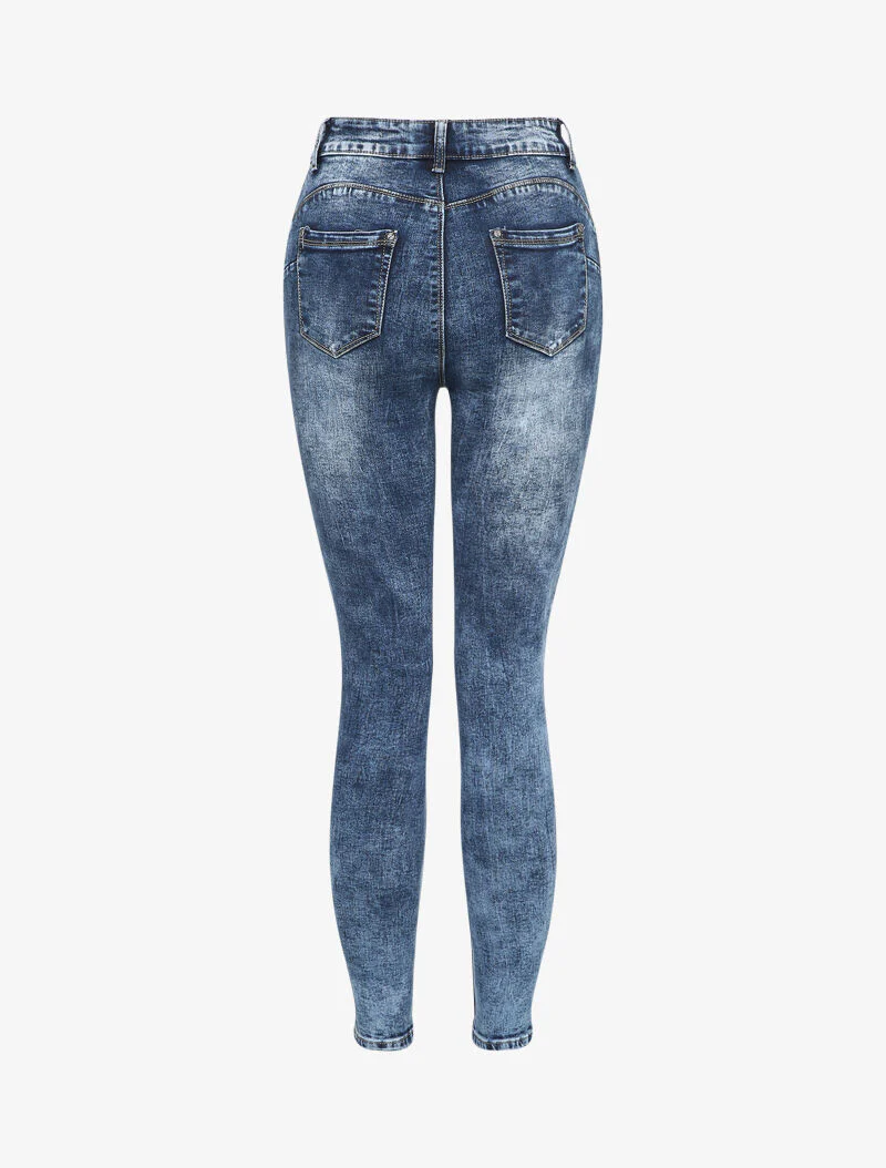 Jeans slim délavé à taille haute - Bleu - Image 2