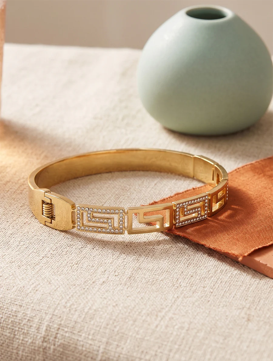 Jonc à motif grec orné de zircons blancs - Or