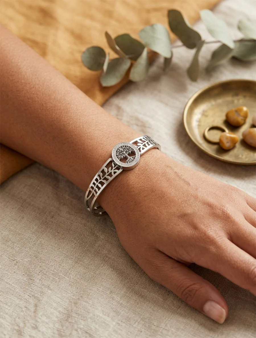 Jonc arbre de vie entouré de zircons blancs - Argent