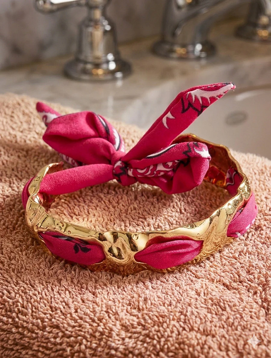 Jonc martelé à lien décoratif style bandana - Fuchsia