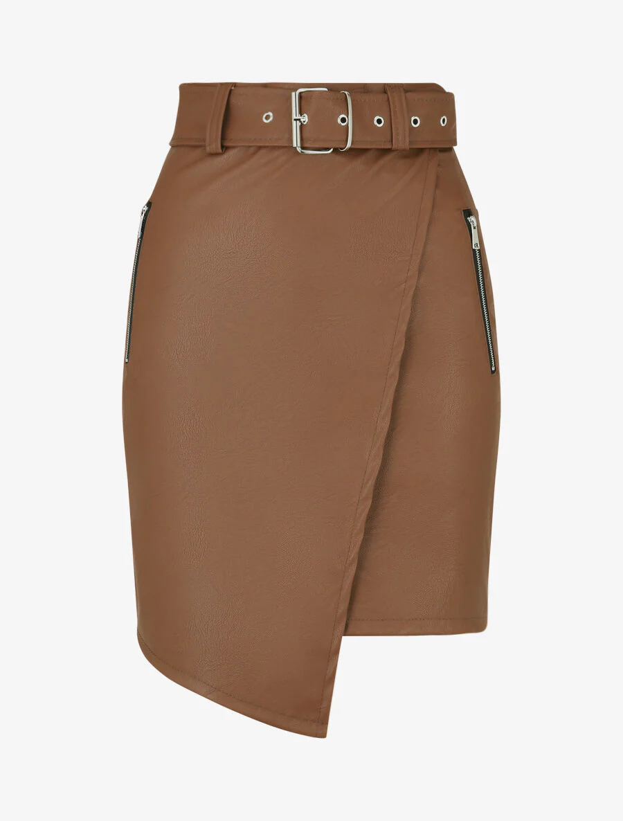 Jupe courte asymétrique en simili - Marron