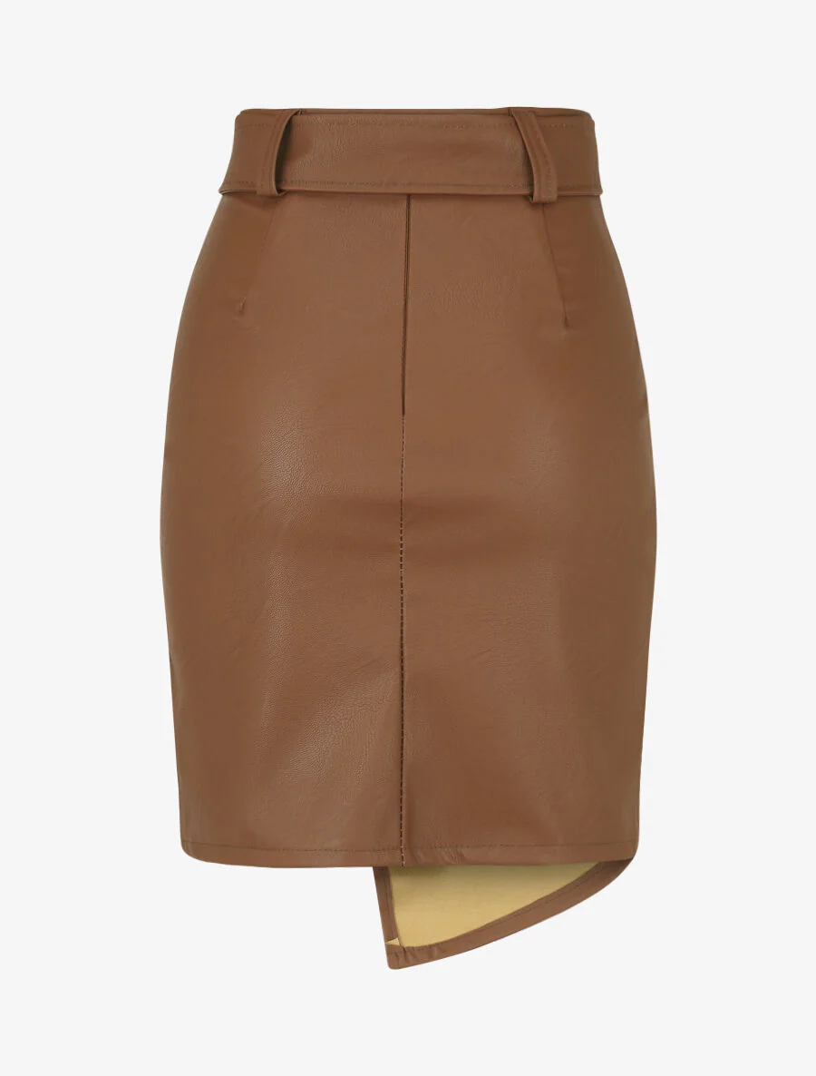Jupe courte asymétrique en simili - Marron - Image 2