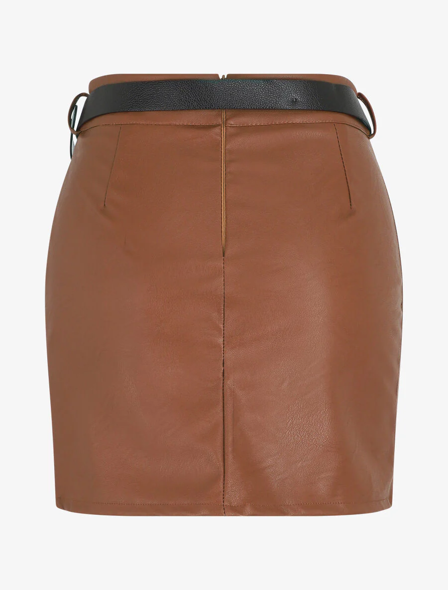Jupe courte en simili - Marron - Image 2