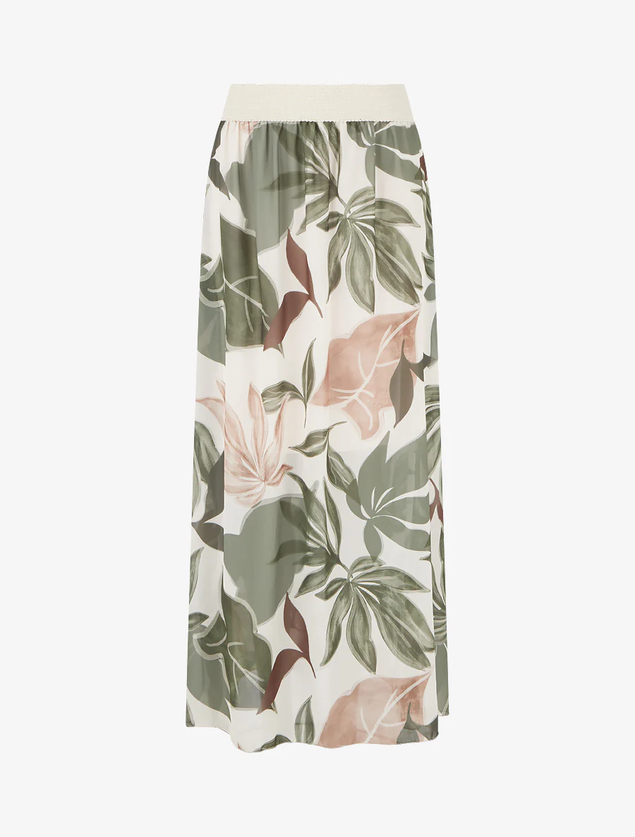 Jupe élastiquée à imprimé grandes feuilles - Kaki