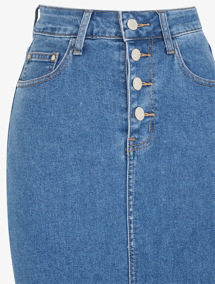 Jupe en jean boutonnée coupe droite - Bleu - Image 3