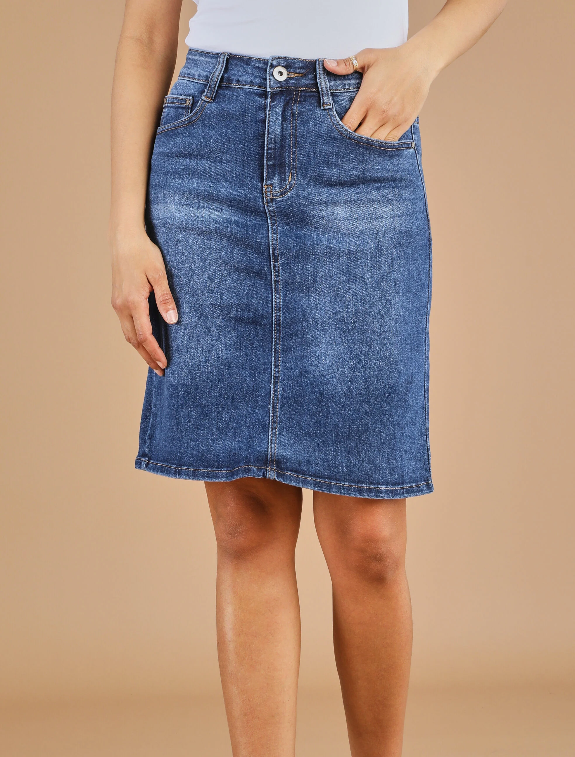 Jupe en jean droite délavée taille standard - Bleu denim - Image 4