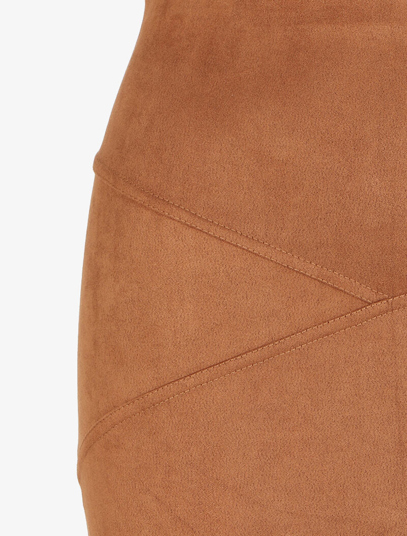 Jupe en suédine à bords asymétriques et coutures contrastantes - Camel - Image 3