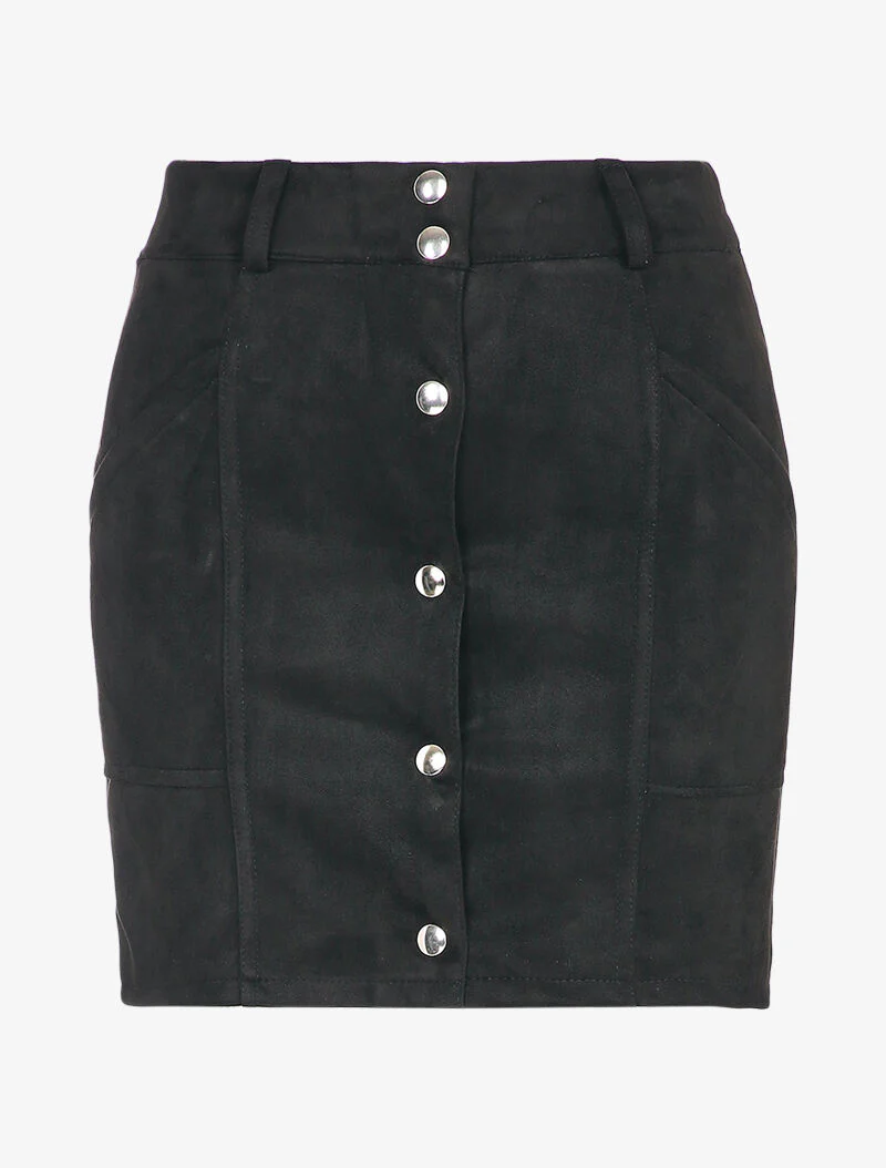 Jupe en suédine boutonnée à taille élastiquée - Noir