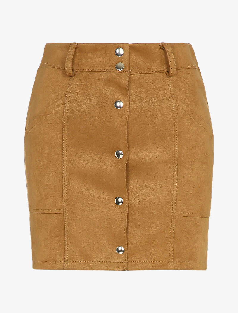Jupe en suédine boutonnée à taille élastiquée - Camel