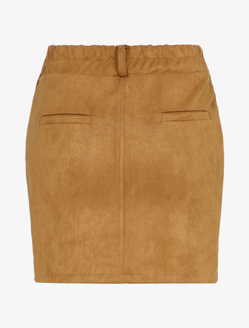 Jupe en suédine boutonnée à taille élastiquée - Camel - Image 2