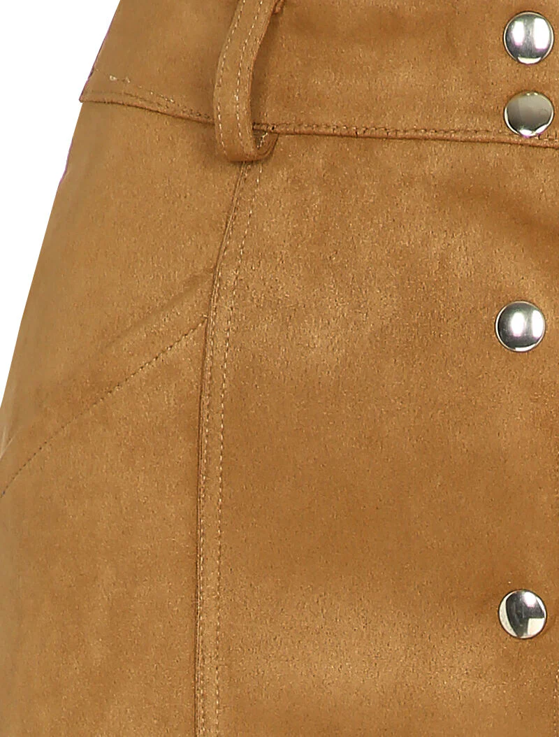 Jupe en suédine boutonnée à taille élastiquée - Camel - Image 3