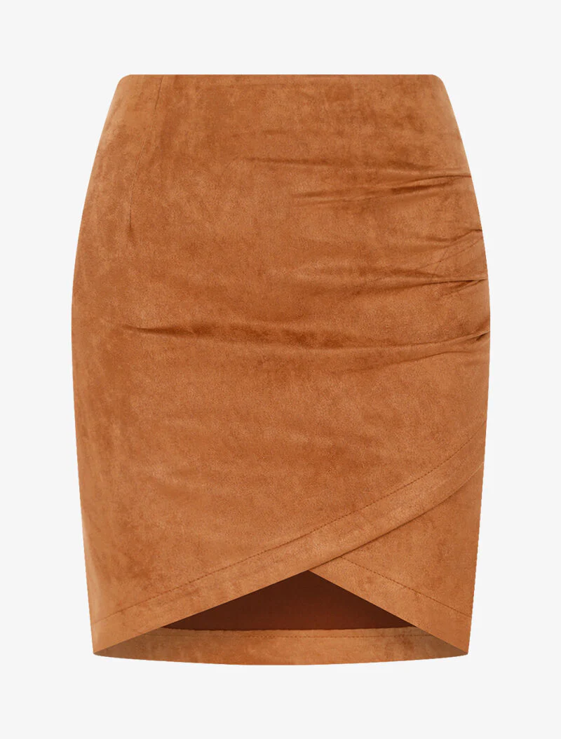 Jupe en suédine style portefeuille drapé - camel
