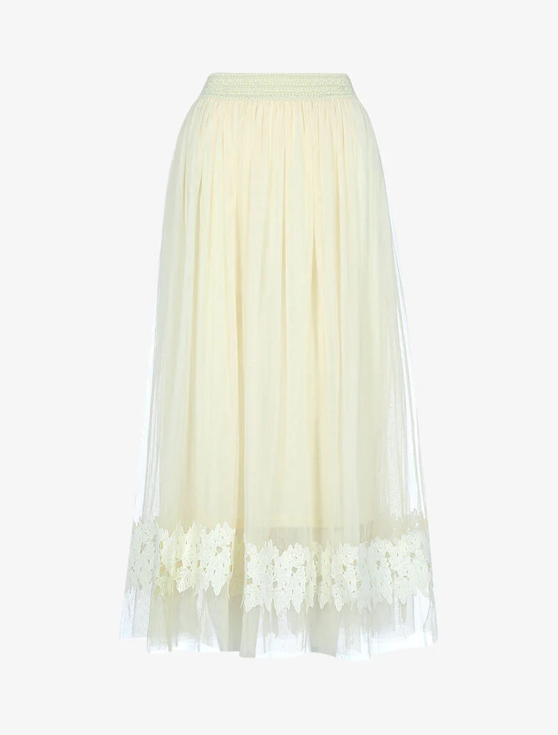 Jupe en voile à empiècement feuille brodée - beige