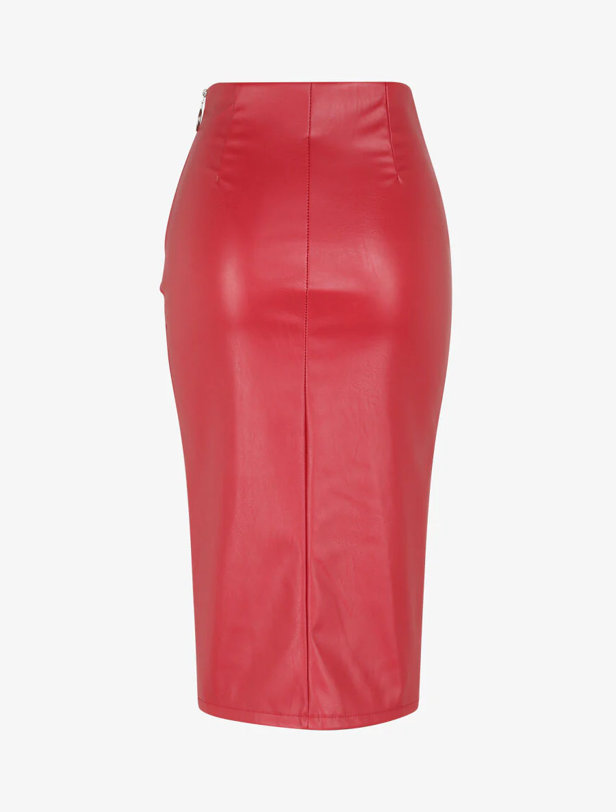 Jupe fendue et plissée en simili - Rouge - Image 2