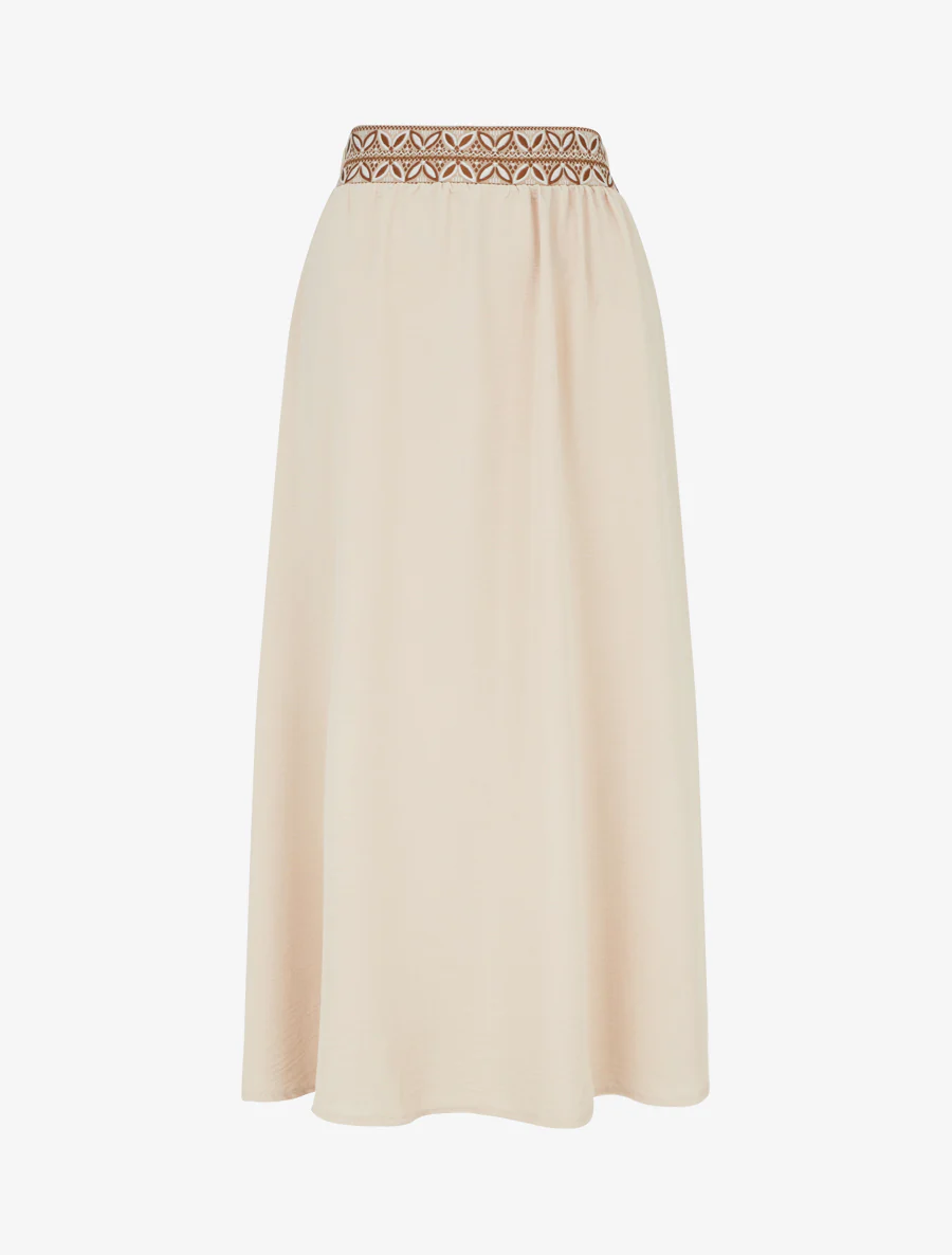 Jupe fluide longue à bande imprimé - Beige