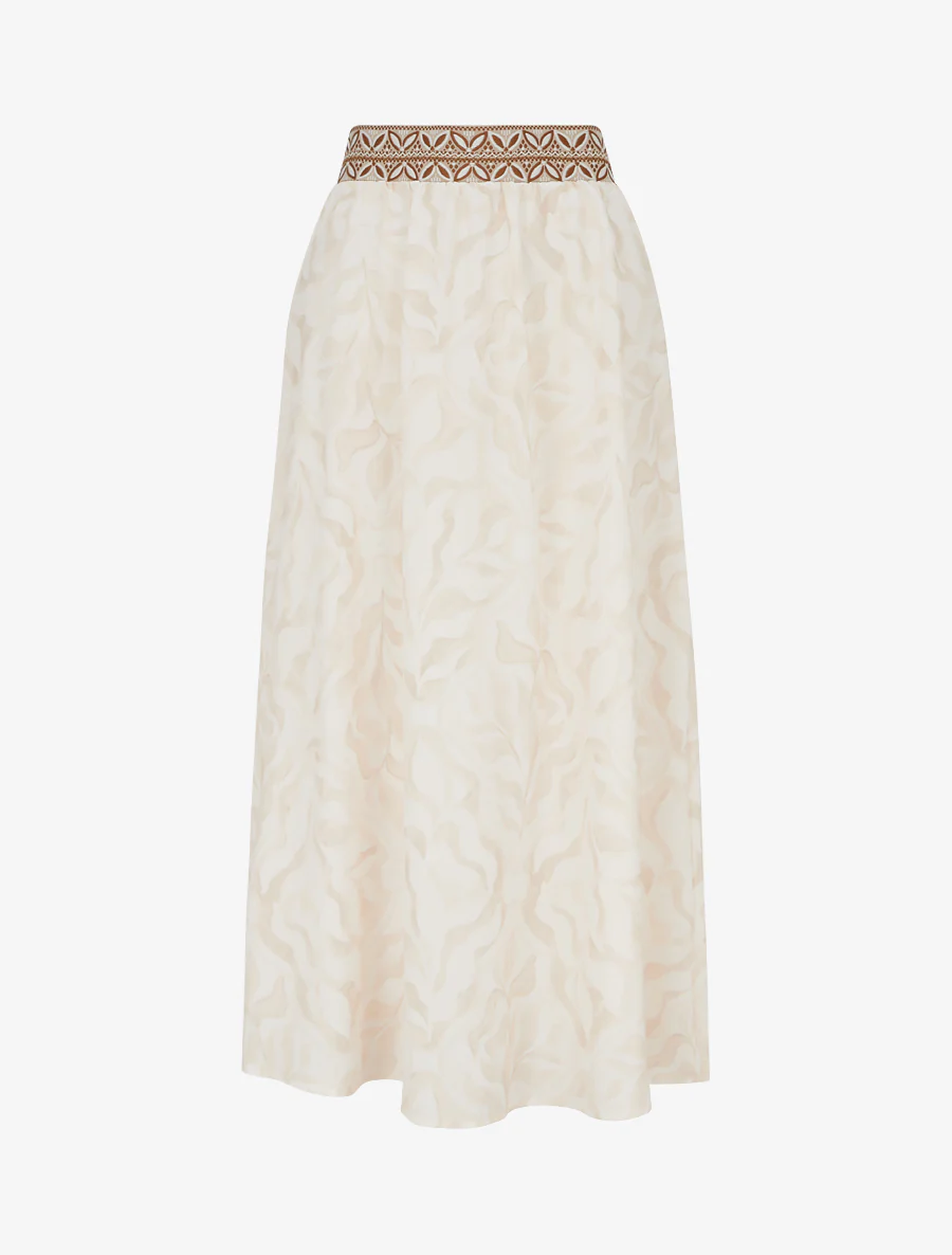 Jupe fluide longue à imprimé feuillage stylisé - Beige
