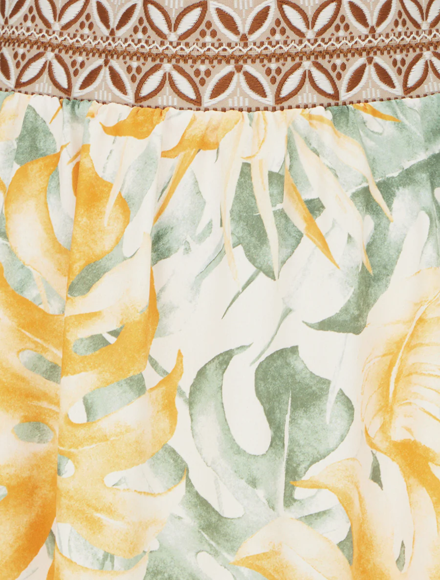 Jupe fluide longue à imprimé feuilles stylisées - Jaune - Image 3