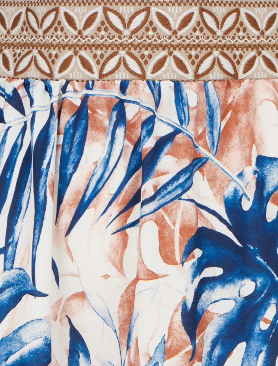 Jupe fluide longue à imprimé feuilles stylisées - Marine - Image 3