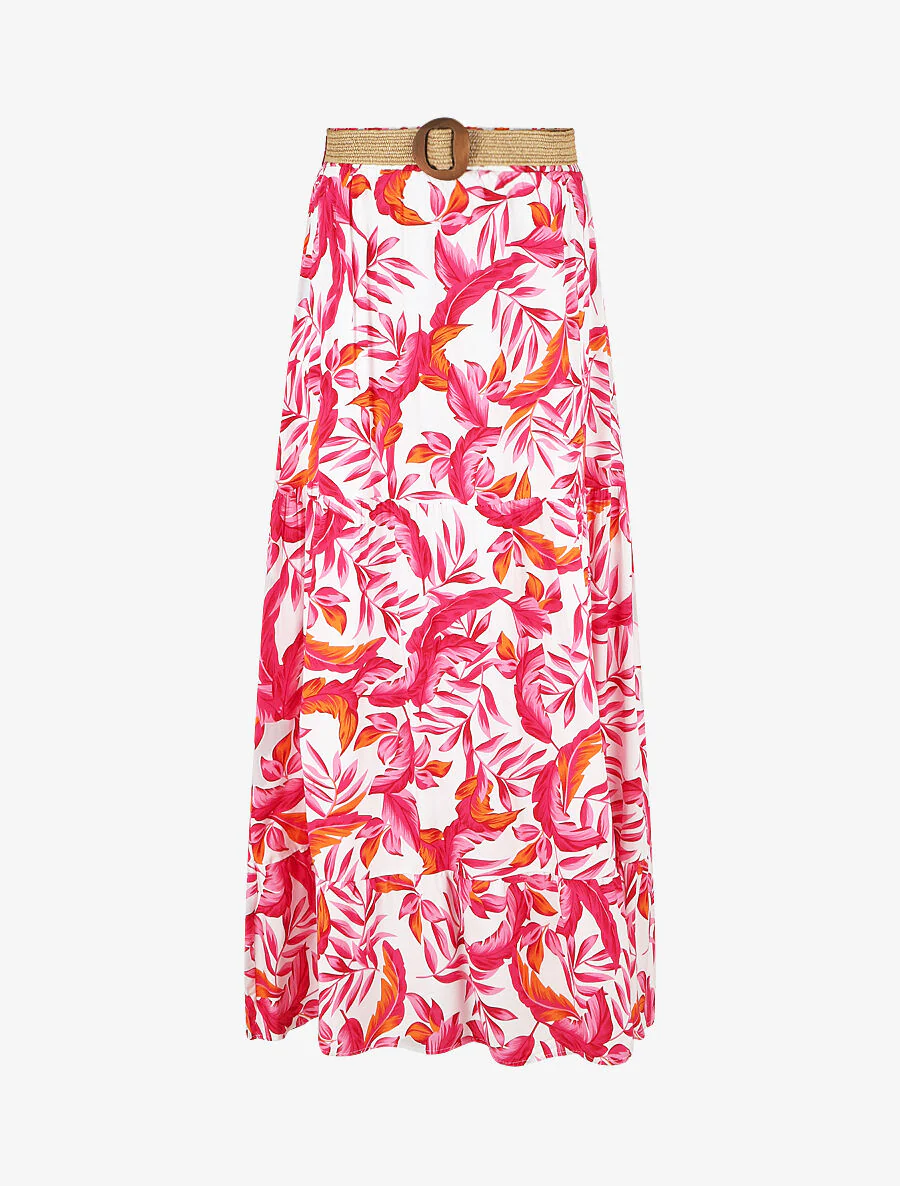 Jupe imprimé feuilles à taille élastiquée - Fushia