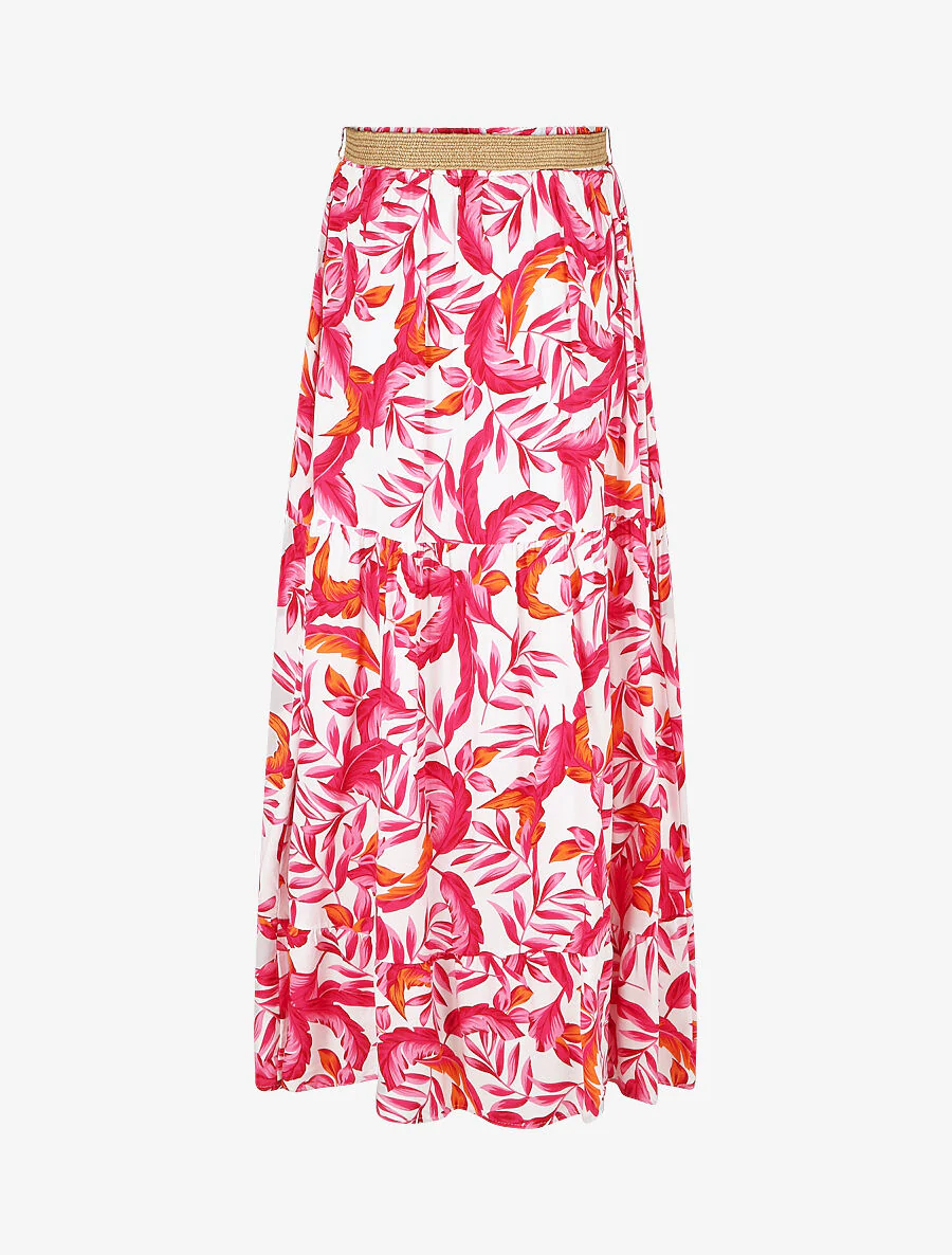 Jupe imprimé feuilles à taille élastiquée - Fushia - Image 2