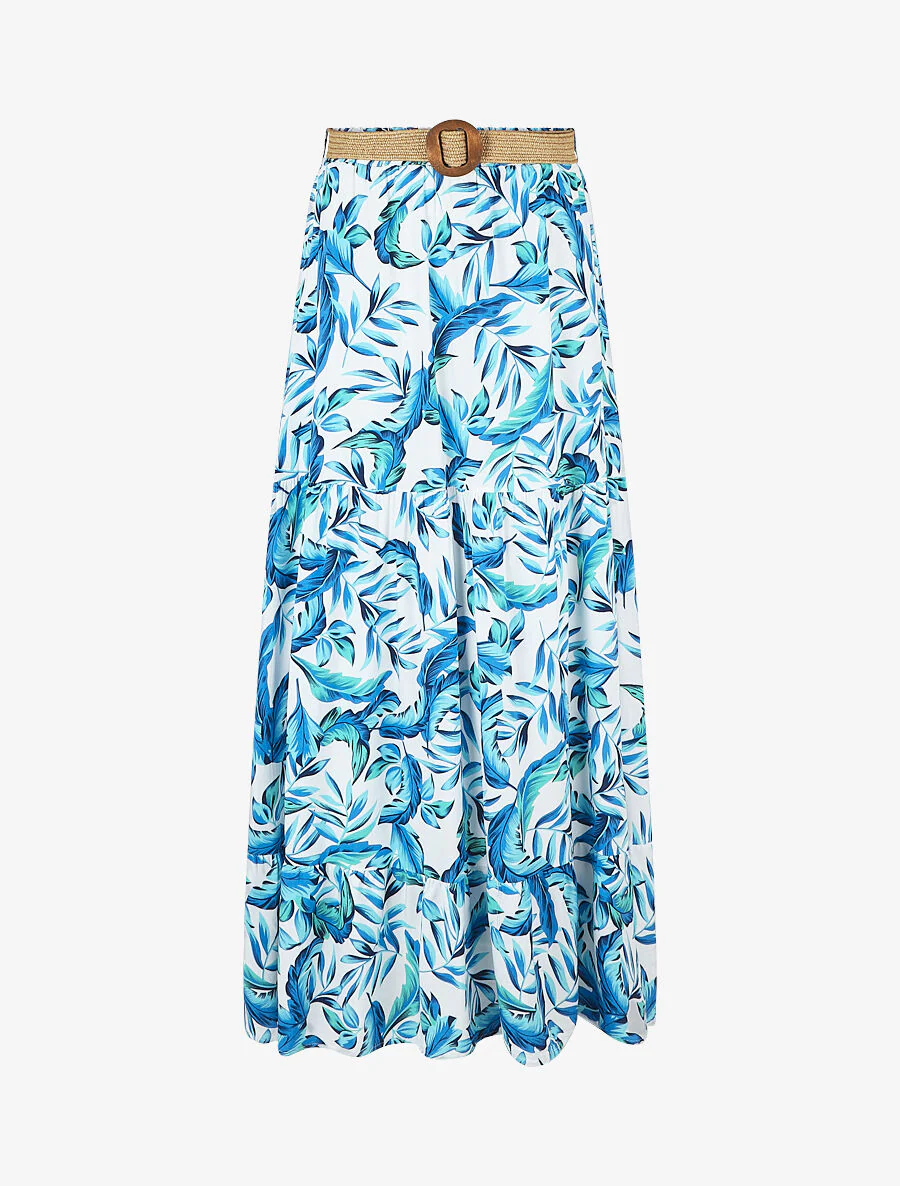 Jupe imprimé feuilles à taille élastiquée - Bleu