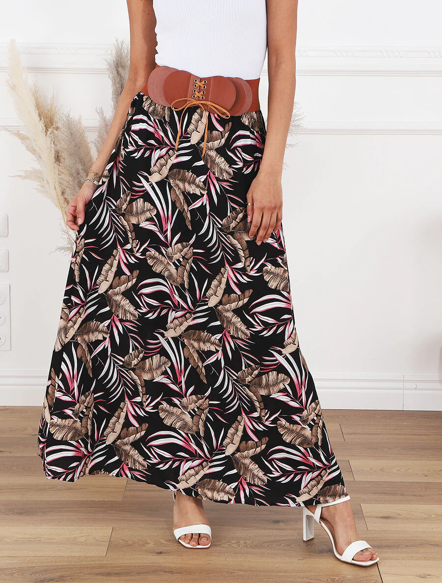 Jupe imprimée à taille haute ceinture stylisée - Noir - Image 4