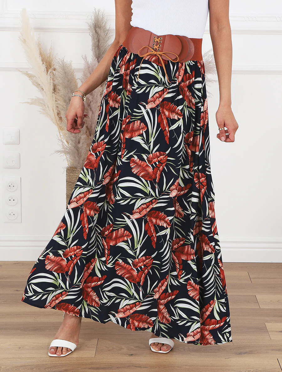 Jupe imprimée à taille haute ceinture stylisée - Marine - Image 4