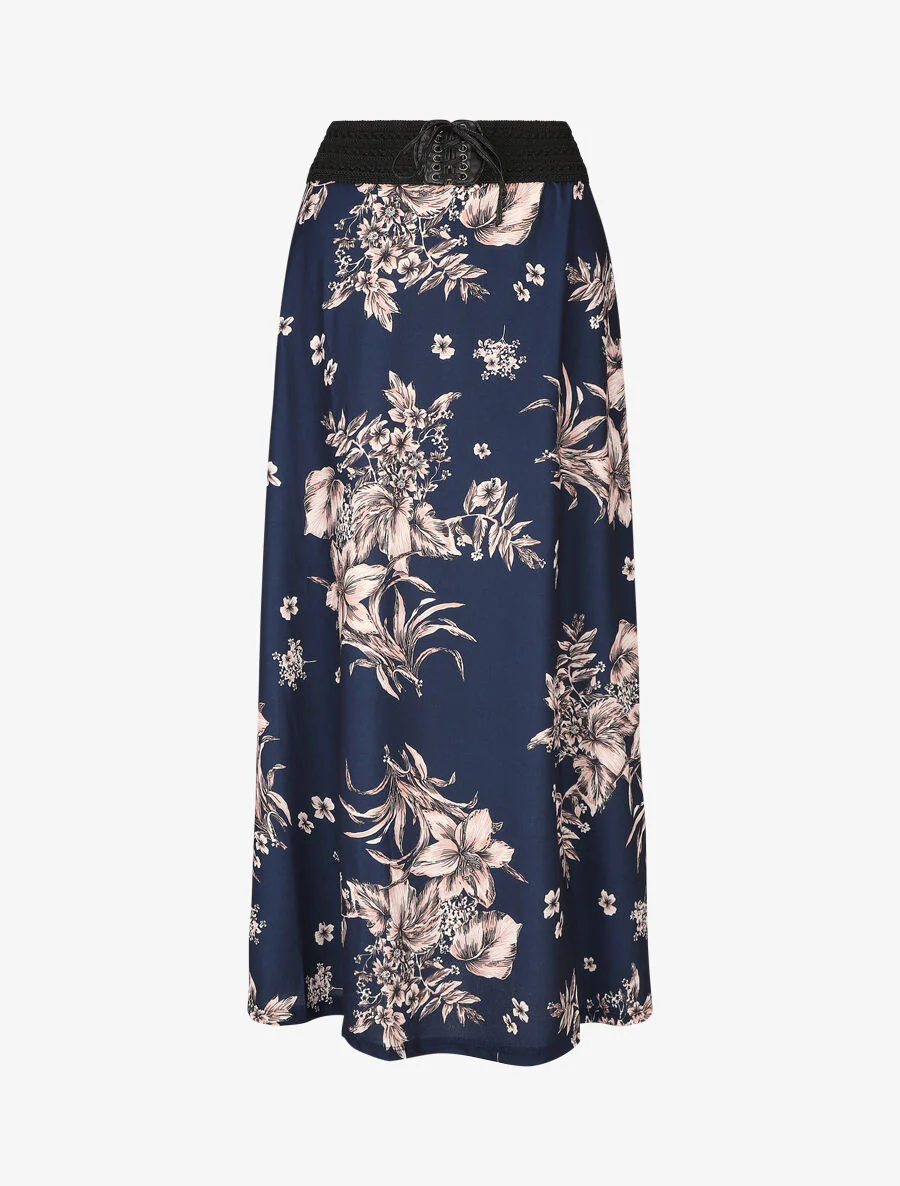 Jupe longue à imprimé fleuri à taille haute - Marine