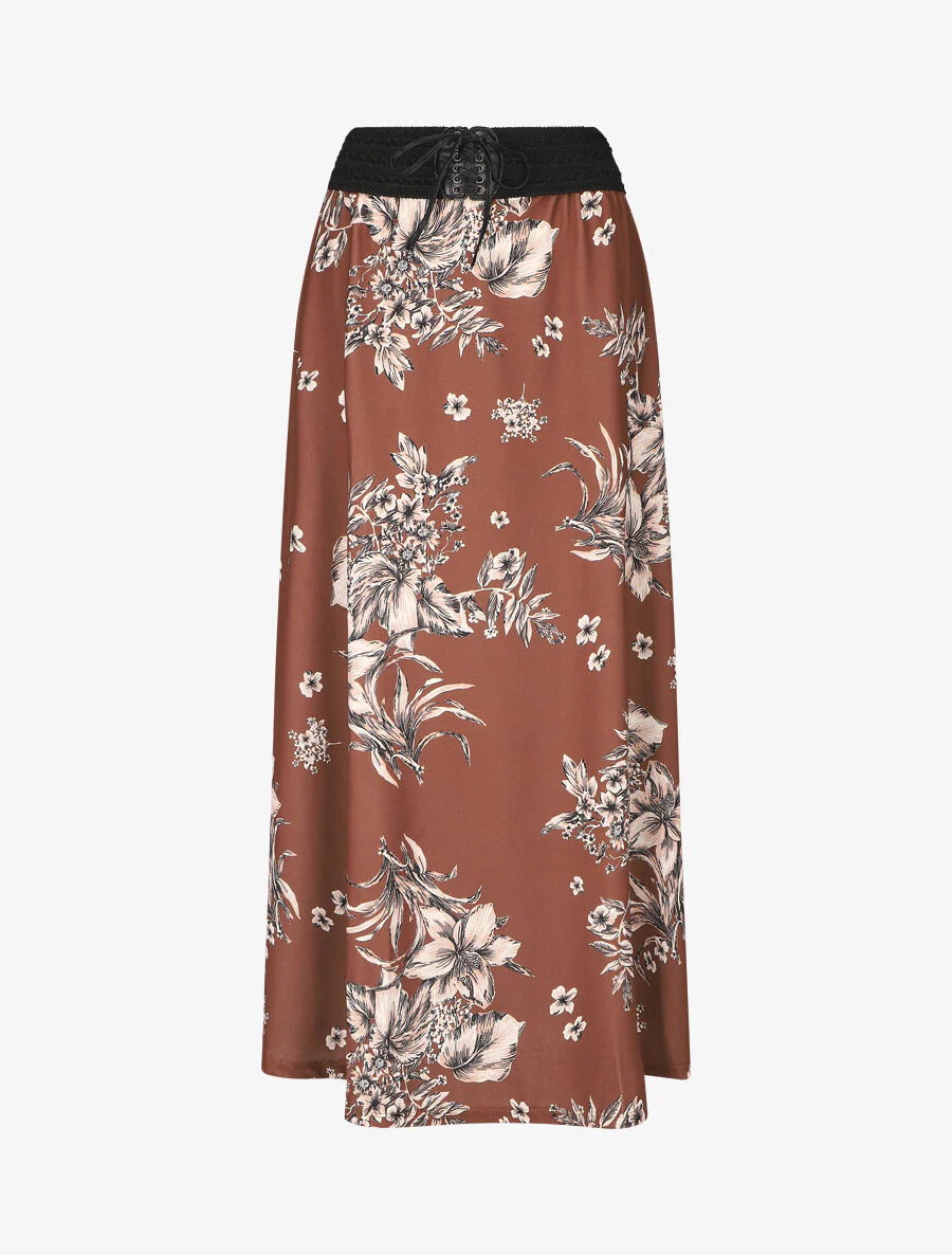 Jupe longue à imprimé fleuri à taille haute - Marron
