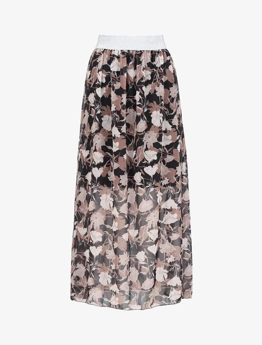 Jupe longue à imprimé fleuri et ceinture irisée - Noir