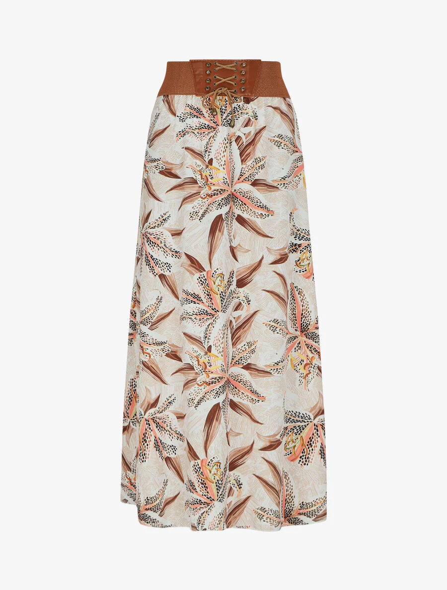 Jupe longue à imprimé fleurs de lys - Beige
