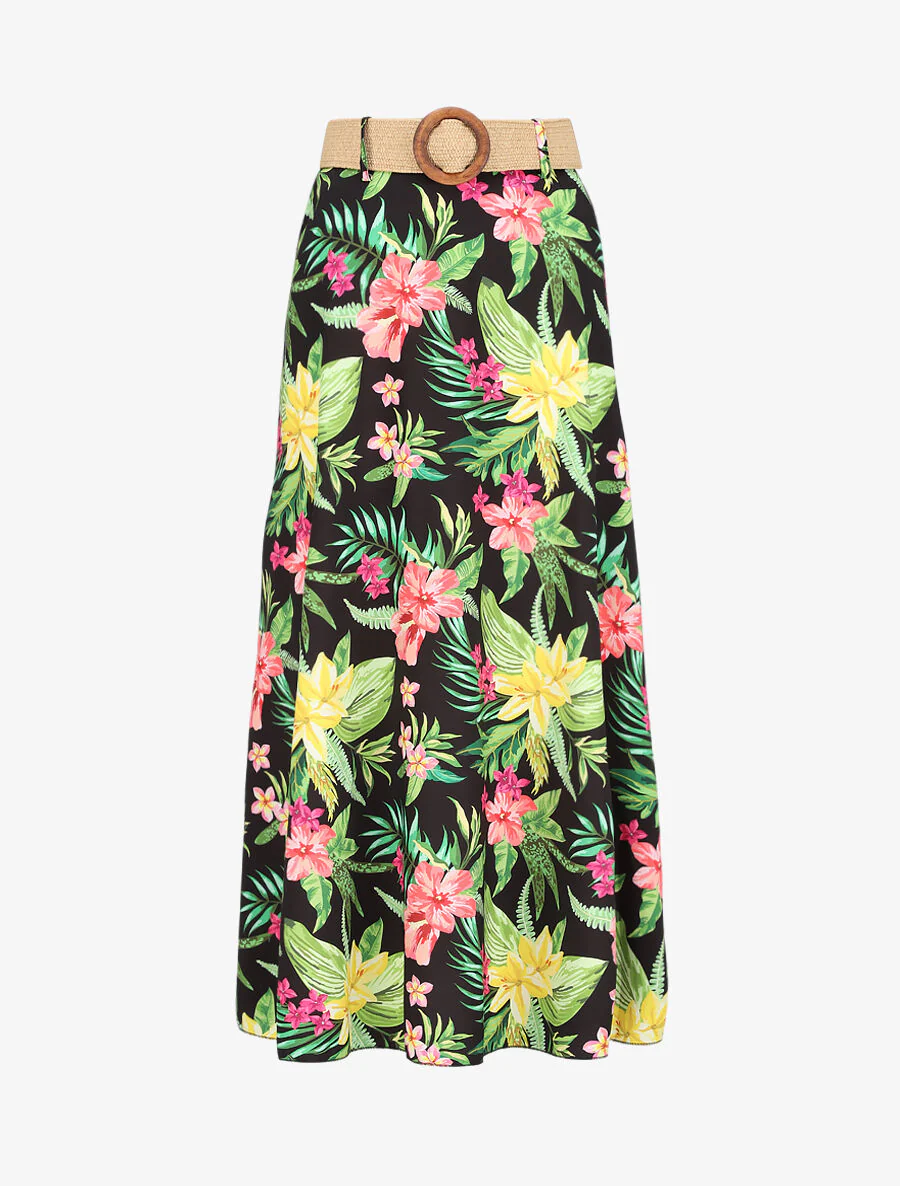Jupe longue à imprimé tropical - Noir