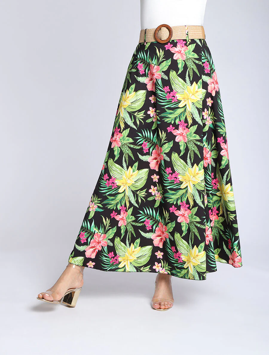 Jupe longue à imprimé tropical - Noir - Image 4