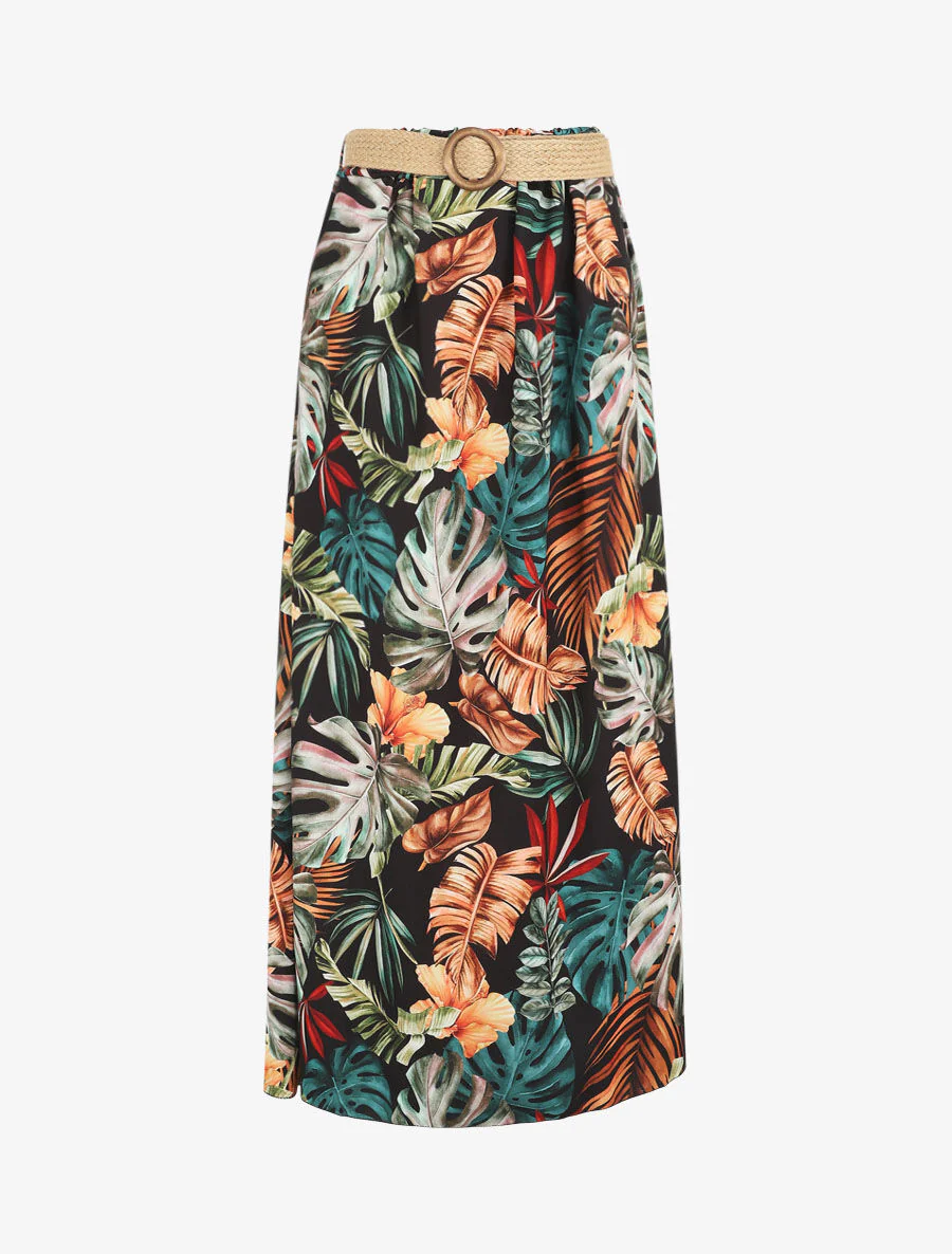 Jupe longue à imprimé tropical - Noir