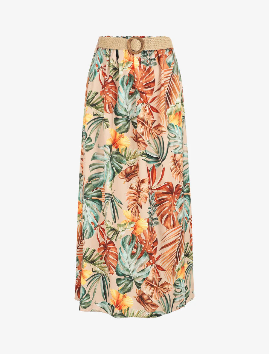 Jupe longue à imprimé tropical - Beige