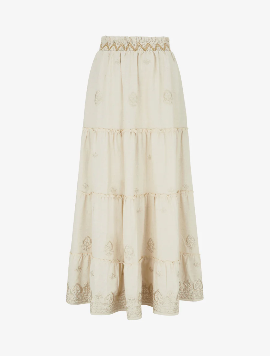Jupe longue élastiquée à broderie - Beige