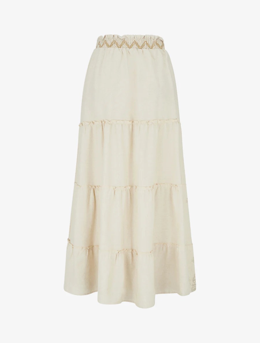 Jupe longue élastiquée à broderie - Beige - Image 2