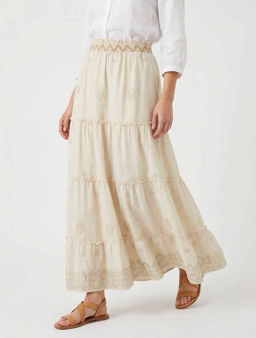 Jupe longue élastiquée à broderie - Beige - Image 4