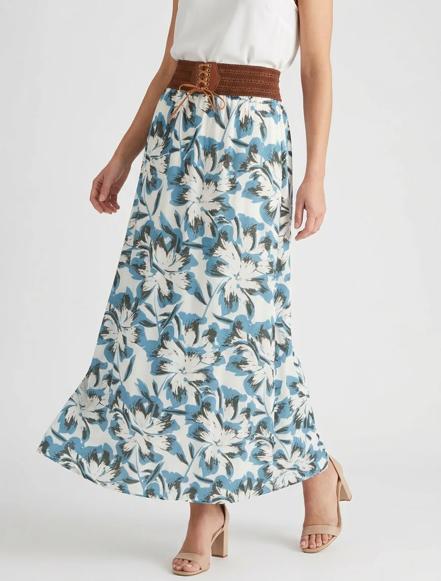 Jupe longue élastiquée imprimé fleuri - Bleu clair - Image 4