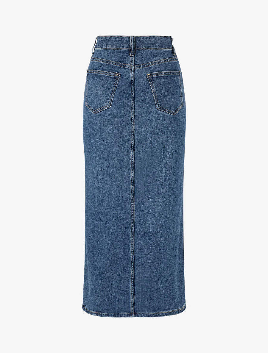 Jupe longue en jean coupe droite - Bleu denim - Image 2